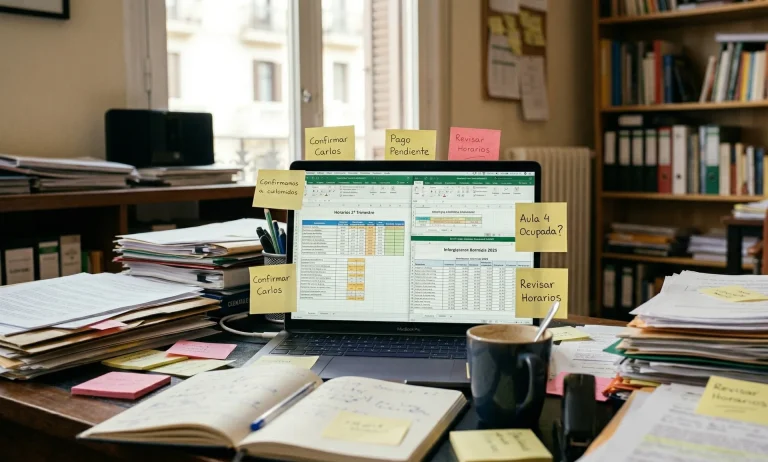 Escritorio desordenado con Excel, post-its y papeles, representando el caos de gestionar una academia sin software de gestión