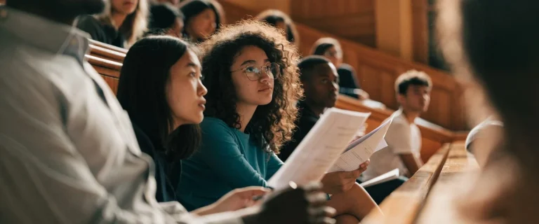 Alumnos siguiendo una clase con apuntes en la mano en un aula de un centro formativo