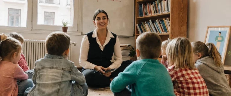 Profesora de una academia sentada con un grupo de niños en el aula